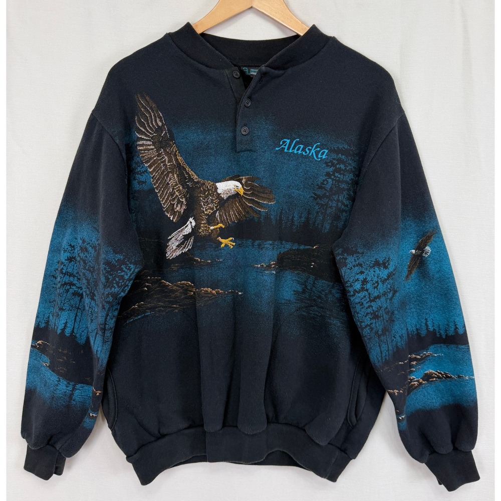Vintage 90s AU Sportswear Alaska Eagle Fleece Sweatshirt Mens XL AOP Made In USA